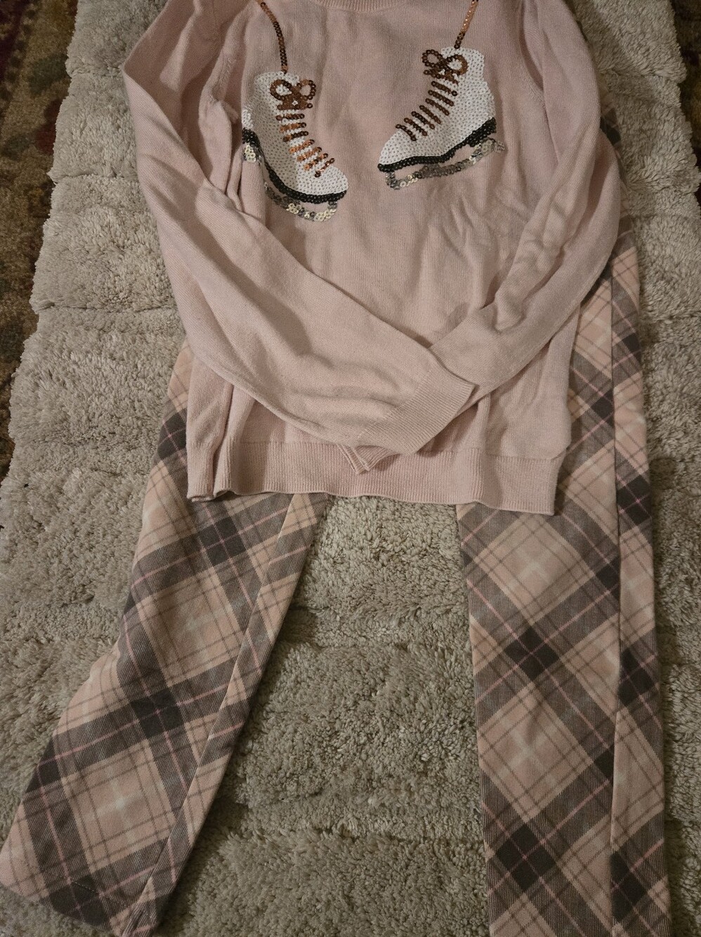 Girls Pink Plaid Set with Sequin Skate Design
